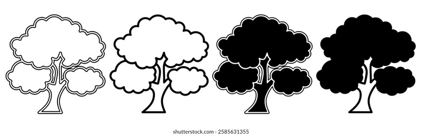 Black and white illustration of a tree. Tree icon collection with line. Stock vector illustration.