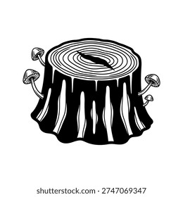 a black and white illustration of a tree stump with several mushrooms growing out of it, the stump has a hollow center and visible rings