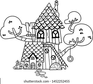 Black and white illustration of a treehouse. Vector illustration.