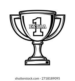 Ilustração em preto e branco de um troféu com '1 EXTRA 1' nele, simbolizando conquista e vitória.
