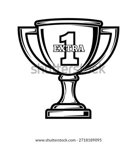 Black and white illustration of a trophy with '1 EXTRA 1' on it, symbolizing achievement and victory.