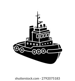 A black and white illustration of a tugboat