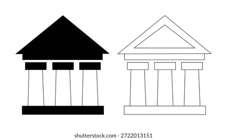 Black and white illustration of two ancient greek or roman style buildings with columns and triangular roofs on a white background with ancient architecture and greek columns