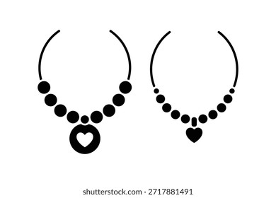 Black and white illustration of two beaded heart necklaces with varying designs.