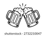A black and white illustration of two beer mugs clinking together, filled with foamy beer, on a pure white background