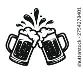 Black and white illustration of two beer mugs touching, with foam and liquid splashing out