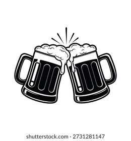 Ilustração em preto e branco de duas canecas de cerveja colando junto com espuma transbordante, em um fundo branco puro