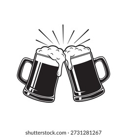 Uma ilustração em preto e branco de duas canecas de cerveja coladas com espuma e linhas, criando uma atmosfera comemorativa, isolada no fundo branco