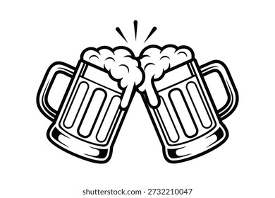 A black and white illustration of two beer mugs clinking together, filled with foamy beer, on a pure white background