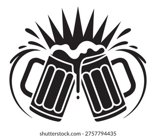 Black and white illustration of two beer mugs clinking together with a burst of foam