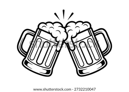 A black and white illustration of two beer mugs clinking together, filled with foamy beer, on a pure white background