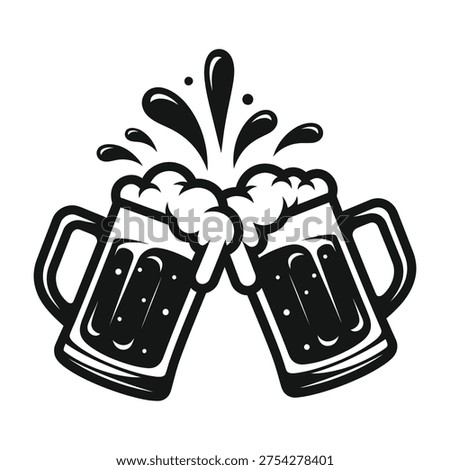 Black and white illustration of two beer mugs touching, with foam and liquid splashing out