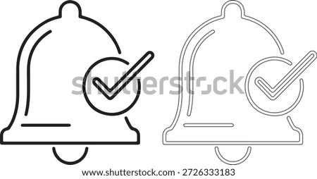 A black and white illustration of two bells, one filled and one outlined, each featuring a checkmark within a circle on the front, on a white background