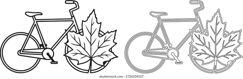 Una ilustración en blanco y negro de dos bicicletas con diseños de hojas en las ruedas, una llena y otra delineada, sobre un fondo blanco puro.