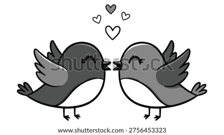 A black and white illustration of two birds kissing, surrounded by floating hearts, symbolizing love and affection