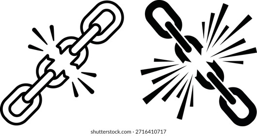 Ilustración en blanco y negro de dos Enlaces rotos con efecto explosivo, líneas dinámicas que irradian desde el punto de ruptura, simbolizando la libertad o la interrupción, sobre fondo blanco puro