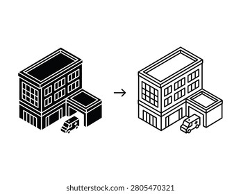 Black and white illustration of two buildings with ambulances on transparent background architectural comparison
