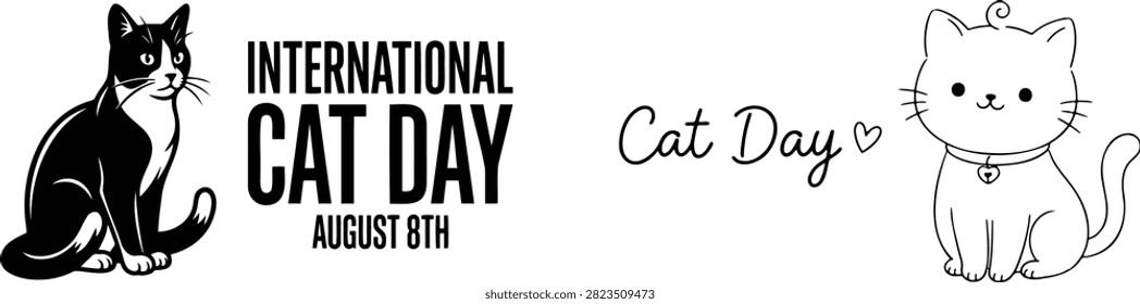 Black and white illustration of two cats celebrating International Cat Day on August 8th, with a simple and cute design.