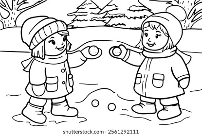 Black and white illustration of two children playing with snow in a winter landscape. Perfect as a coloring page or educational activity for kids, featuring fun and warm clothing details