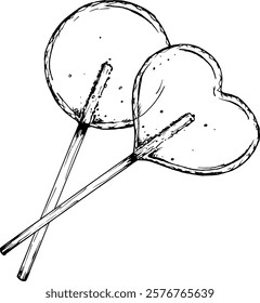 Black and white illustration of two clear caramel lollipops, round and heart-shaped, drawn in a sketch style. Perfect for confectionery, bakery branding, Valentine s Day or wedding decorations.