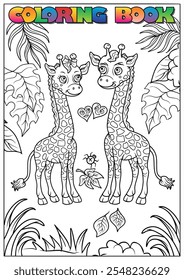 Ilustração em preto e branco de duas girafas bonitas na selva, cercadas por corações, folhas e uma aranha, desenhadas como uma página colorida para crianças.