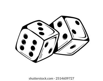 Black and white illustration of two dice in a bold street art style. The design captures the essence of flash tattoo culture and represents the themes of chance and risk. Vector illustration.