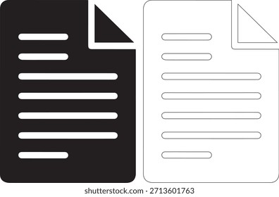 Una ilustración en blanco y negro de dos iconos de documentos uno al lado del otro, cada uno con líneas Horizontales y un rincón doblado, sobre un fondo blanco puro