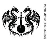 Black and white illustration of two dragons facing each other with a sword and shield