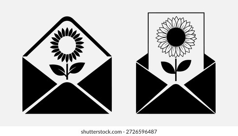 Ilustração em preto e branco de dois envelopes com girassóis no interior, um aberto e outro fechado