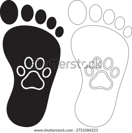 A black and white illustration of two footprints with paw prints in the center, one filled and one outlined, on a clean white background
