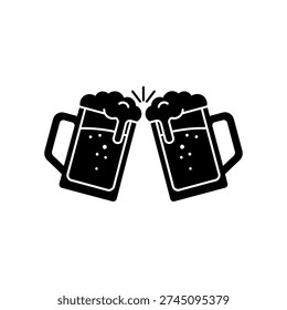Black and white illustration of two frothy beer mugs clinking together in a celebratory toast, symbolizing friendship and good times.