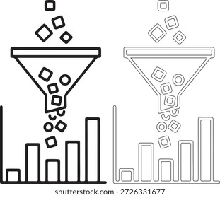 Uma ilustração em preto-e-branco de dois ícones de funil com barras e quadrados, um preenchido e um contornado, representando os conceitos de análise e conversão de dados