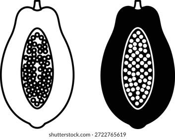 Ilustración en blanco y negro de dos frutas de guayaba cortadas por la mitad