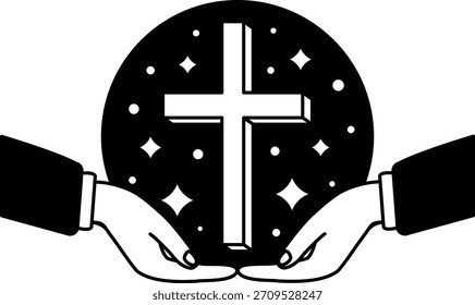 Schwarz-Weiß-Illustration von zwei Händen, die ein Kreuz halten