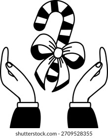 Ilustración en blanco y negro de dos manos sosteniendo un bastón de caramelo