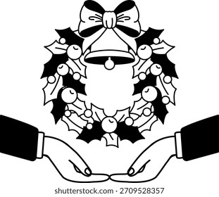 Ilustración en blanco y negro de dos manos sosteniendo una corona de Navidad con una campana