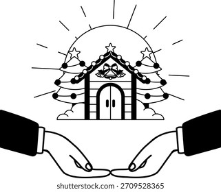 Ilustración en blanco y negro de dos manos sosteniendo una casa de pan de jengibre