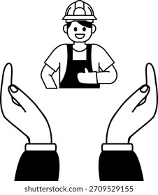 Ilustración en blanco y negro de dos manos sosteniendo un manitas dando un pulgar hacia arriba