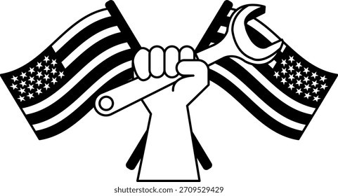 Ilustración en blanco y negro de dos manos sosteniendo una llave inglesa delante de una bandera americana