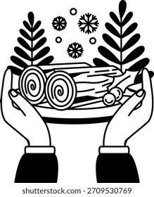 black and white illustration of two hand holding a Log cake