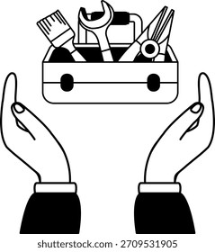 Ilustración en blanco y negro de dos manos sosteniendo una caja de herramientas