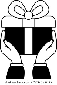 Ilustración en blanco y negro de dos manos sosteniendo un regalo