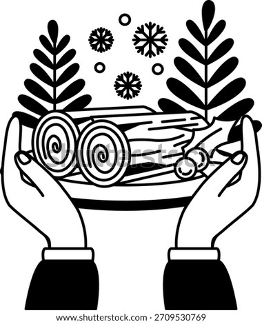 black and white illustration of two hand holding a Log cake