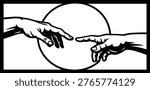 Black and white illustration of two hands almost touching 
inspired by Creation of Adam Michelangelo classic art vector