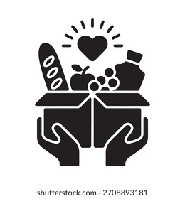 Una ilustración en blanco y negro de dos manos sosteniendo una caja abierta llena de alimentos y un símbolo de corazón arriba.
