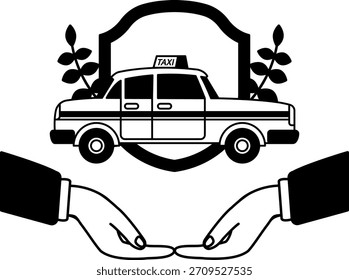 Ilustración en blanco y negro de dos manos sosteniendo un taxi amarillo delante del escudo