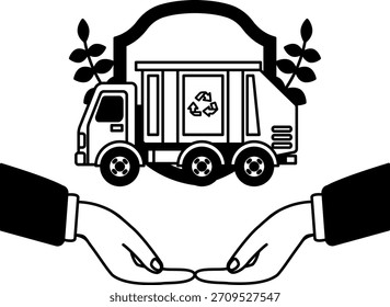Ilustración en blanco y negro de dos manos sosteniendo un camión de basura