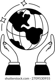 black and white illustration of two hands holding a globe