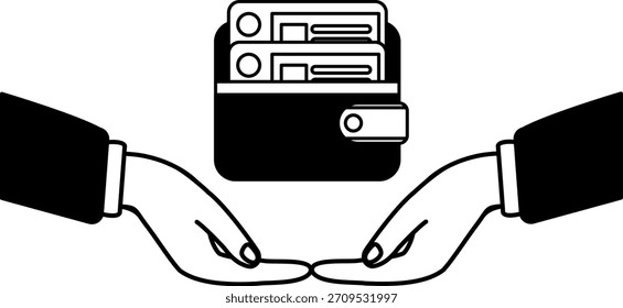 black and white illustration of Two hands are holding a wallet