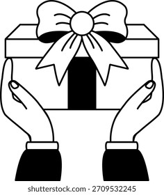 black and white illustration of two hands holding a gift
